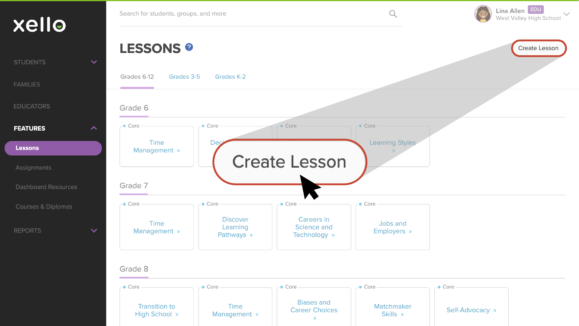 Lessons page in Educator Account with Create Lesson button highlighted